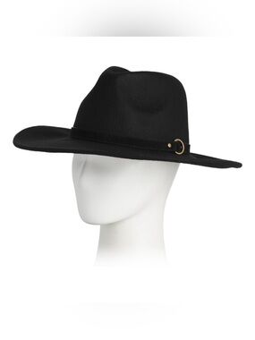 Artisan NY Black Wool Fedora Hat Wide-Brim Adjustable Size with Gold Ring Accent